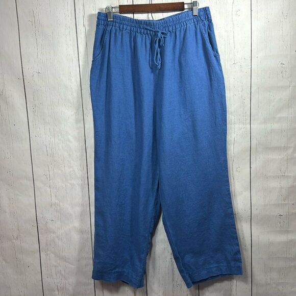 Soft Surroundings  Linen Elastic Waist Pockets Beachy Coastal Blue Pull On Pants - Picture 1 of 13